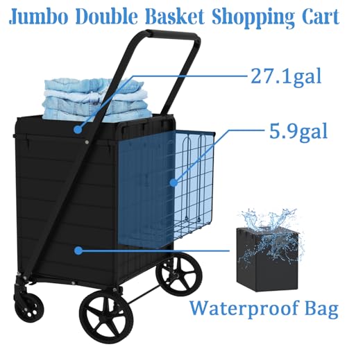 Heavy Duty Folding Shopping Cart with Double Basket, 360° Swivel Wheels, Waterproof Bag X86398