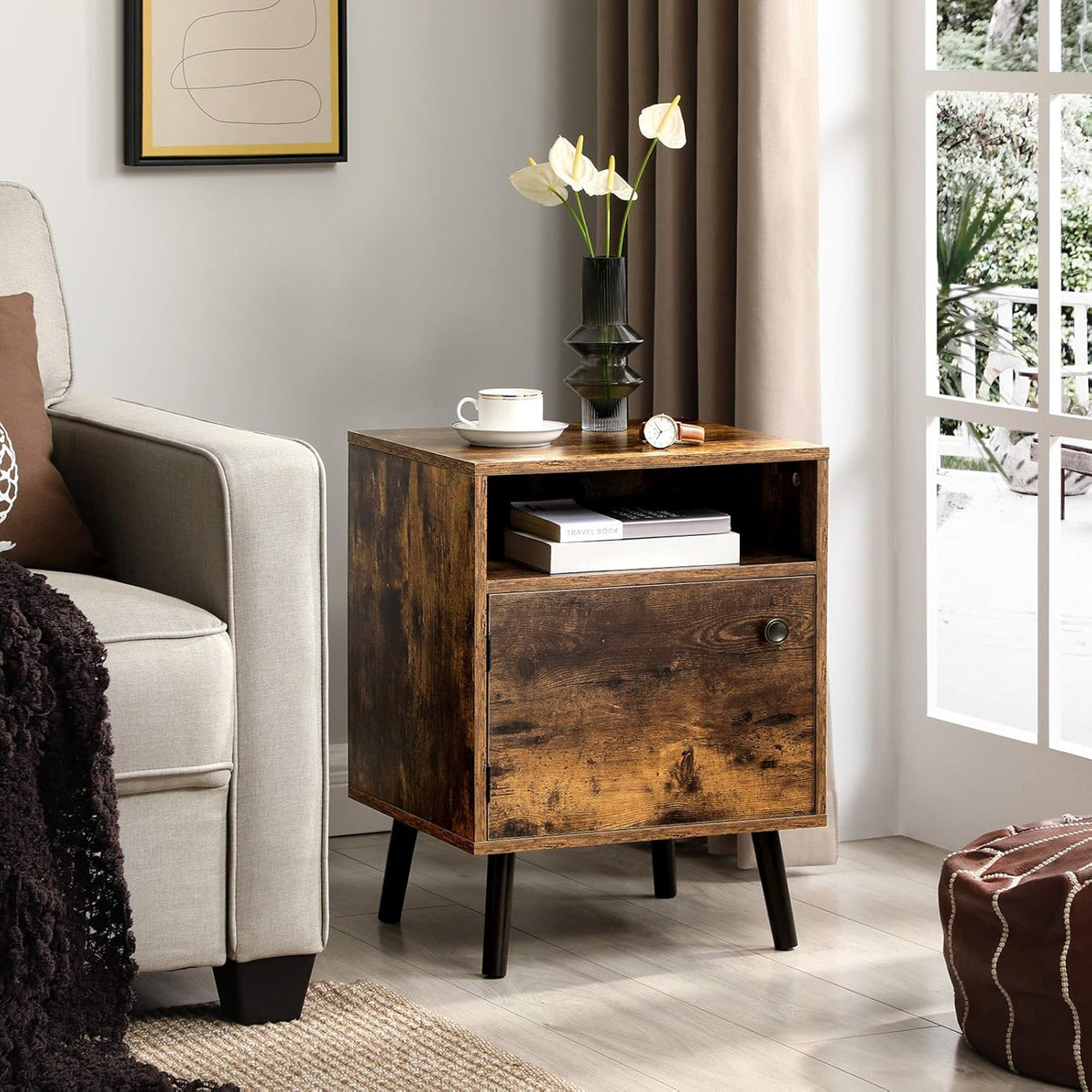 Rustic Brown Nightstand with Open Shelf and Cabinet F42603