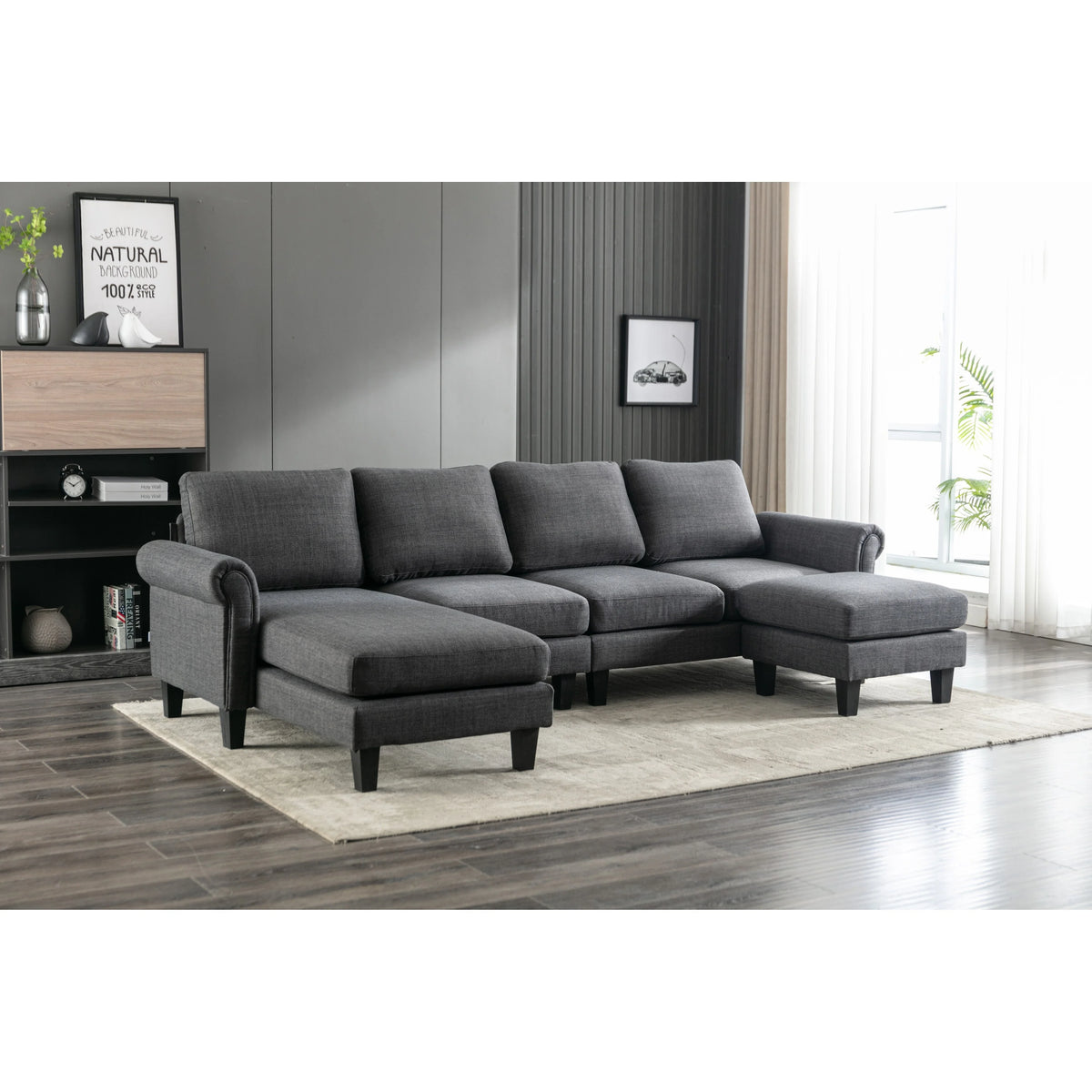 Charcoal Grey Linen U-shape Sofa Set with Reversible Ottomans T375957