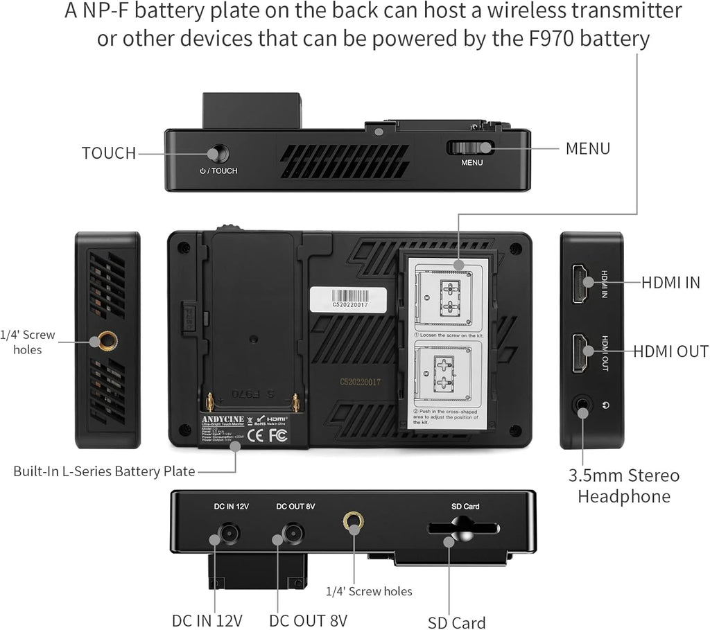 5.5 Inch 3000nit Touch Screen On-Camera Field Monitor with F970 External Power 4K HDMI Input Output G385