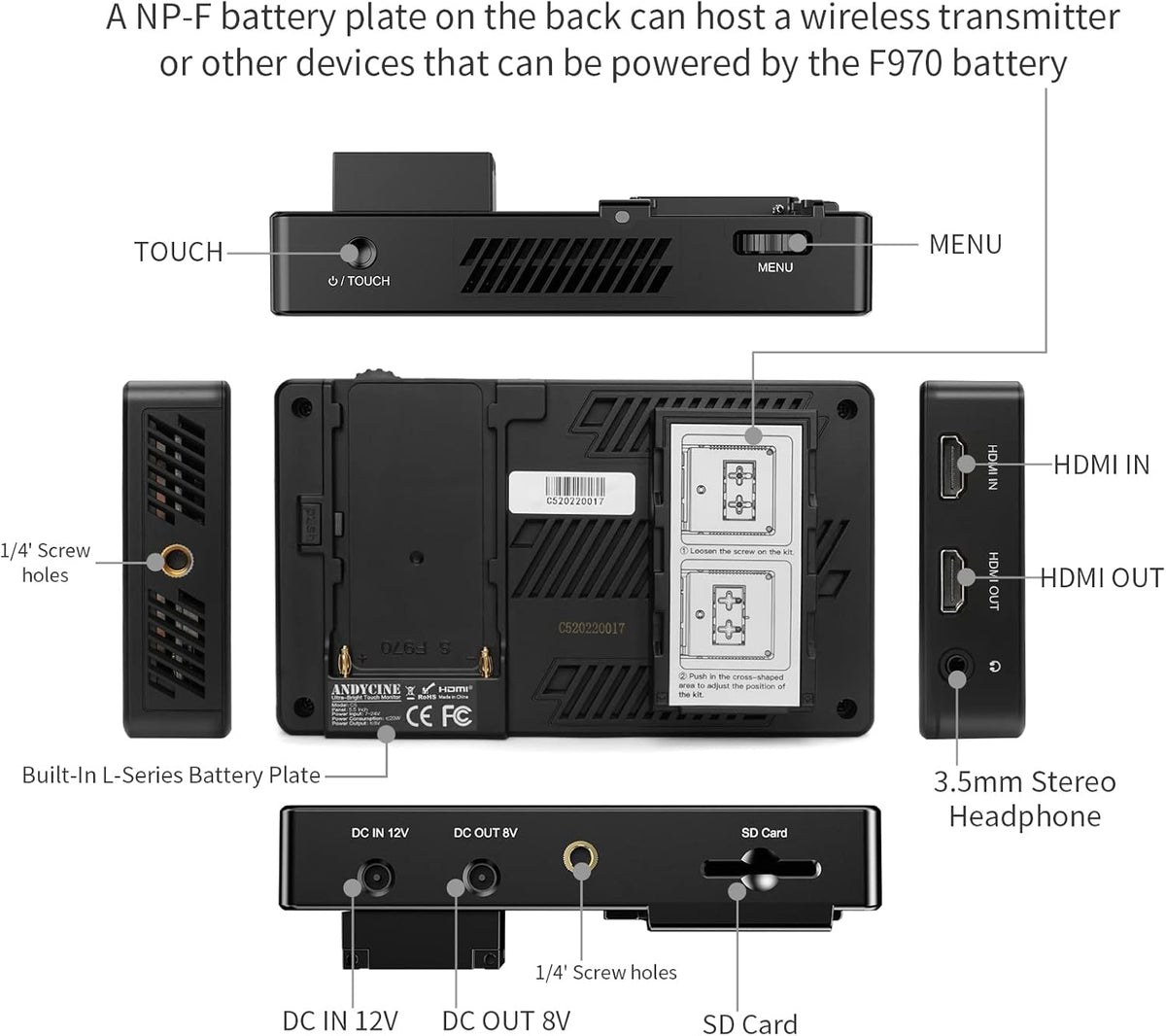 5.5 Inch 3000nit Touch Screen On-Camera Field Monitor with F970 External Power 4K HDMI Input Output G385