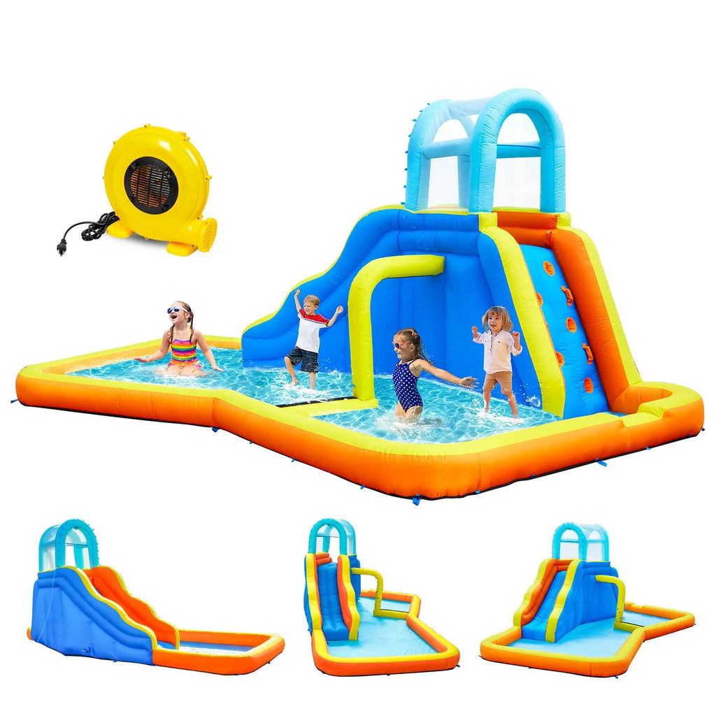 Inflatable Water Slide Park with Spray Pool, Bounce House with Climbing Wall and Blower A566956