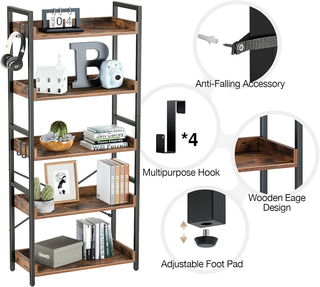 5 Tier Wood Bookshelf with 4 Hooks T41669