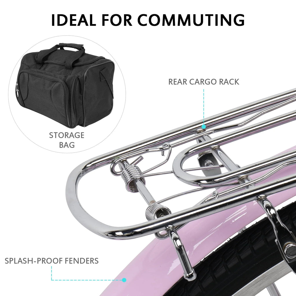 26 inch Commuter Bicycle with 7-speed, Baskets, Pink E374
