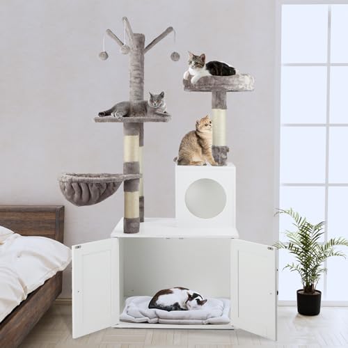 2-in-1 Wooden Cat Tree Tower with Litter Box Enclosure H70553