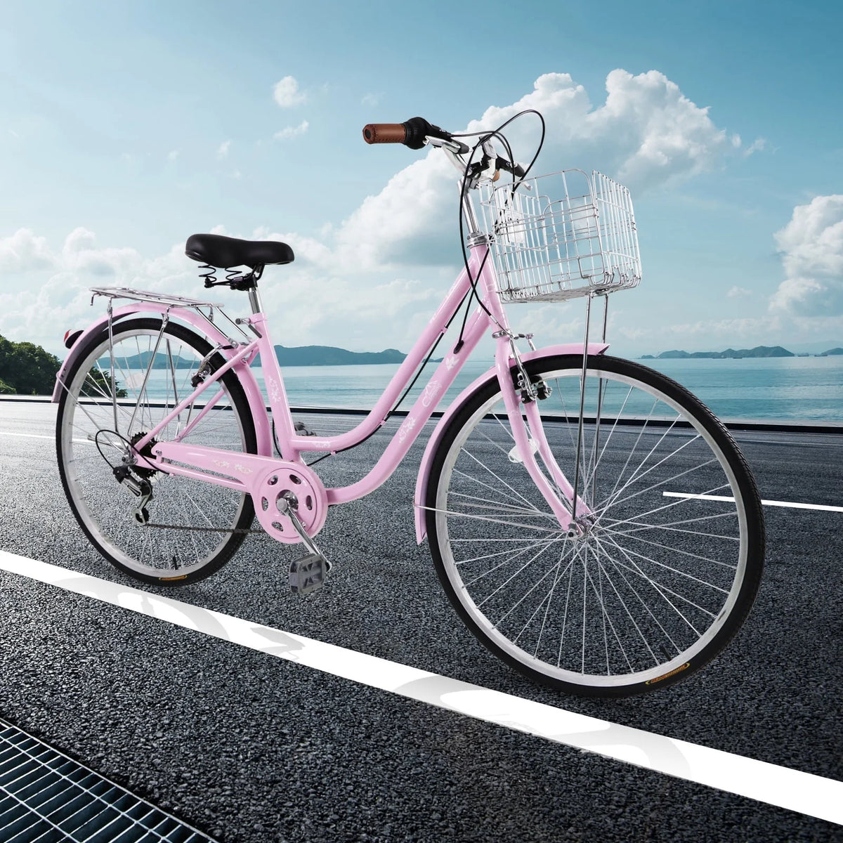 26 inch Commuter Bicycle with 7-speed, Baskets, Pink E374