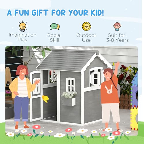 Gray Wooden Playhouse with Floor, Door, Windows & Planter Box L61736