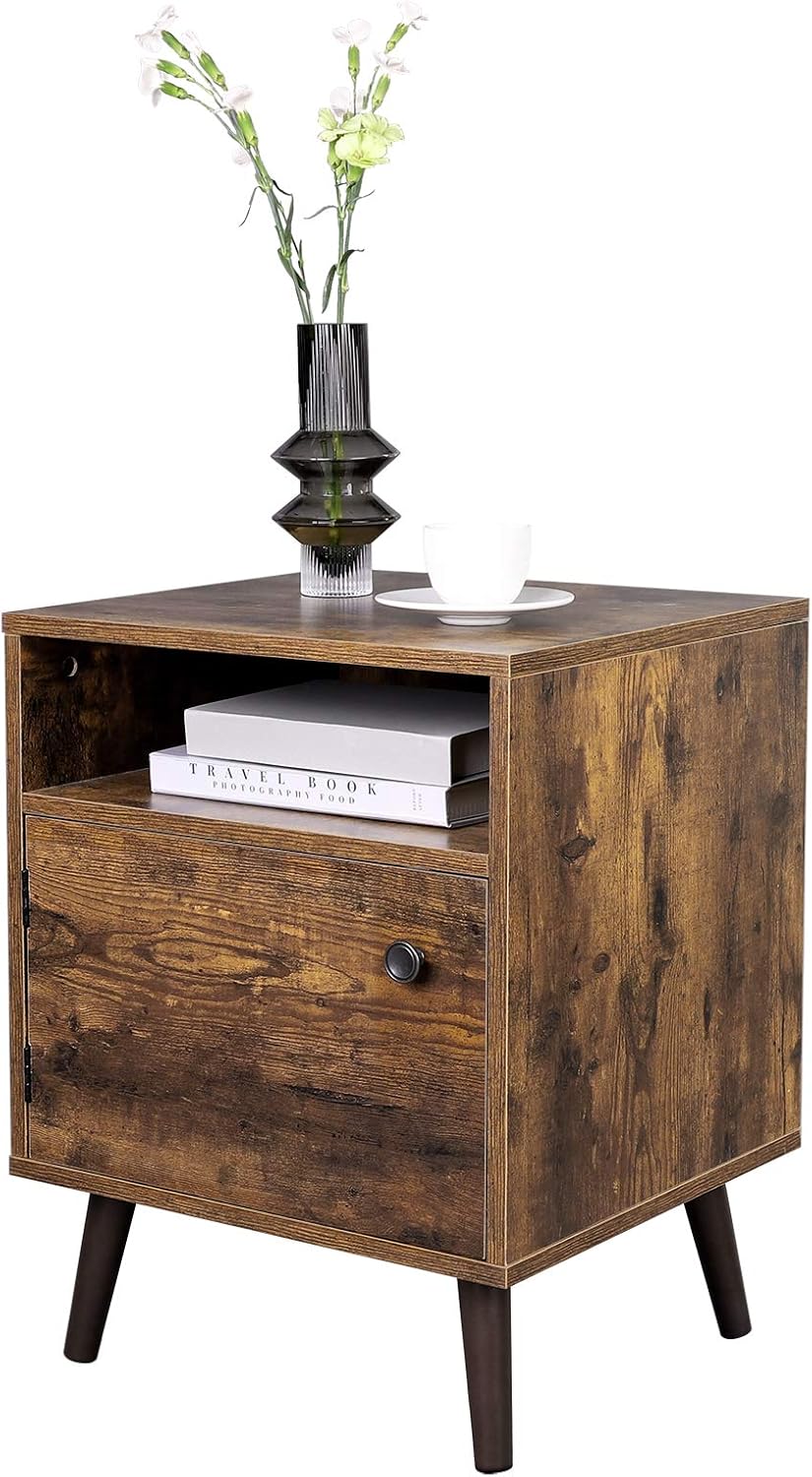 Rustic Brown Nightstand with Open Shelf and Cabinet F42603