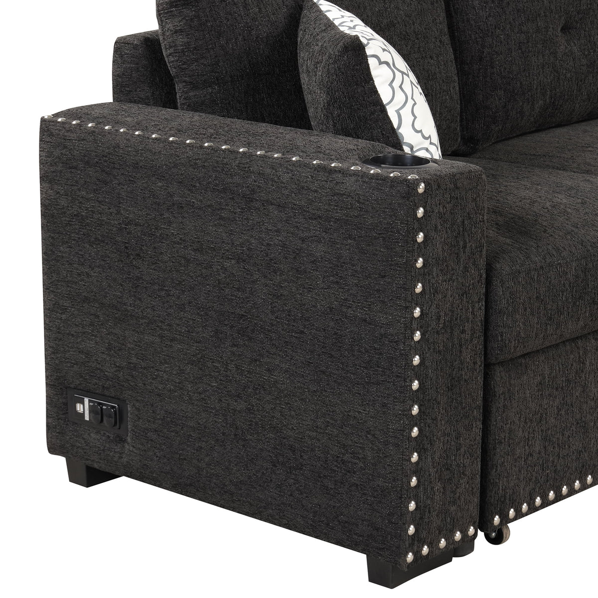 Black Reversible Pull-Out Sectional Sofa Bed with Storage Chaise I267