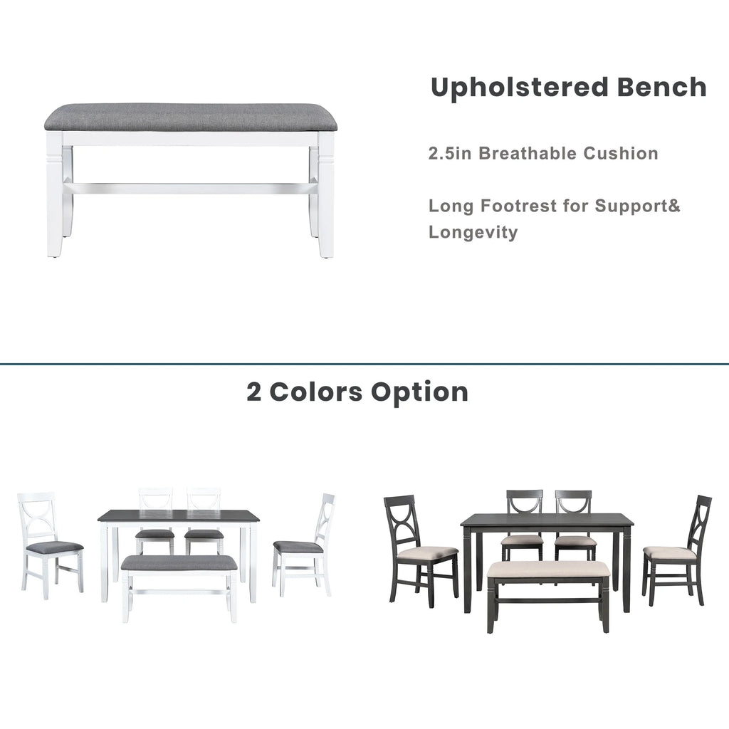 6 Piece Dining Table Set with 4 Chairs and Upholstered Bench A7041