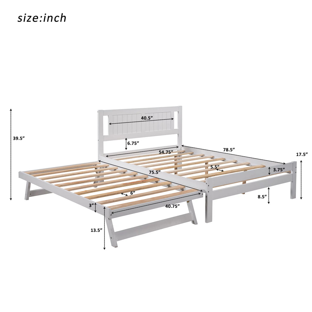 Platform Bed with Adjustable Trundle, Solid Wood, Headboard K652