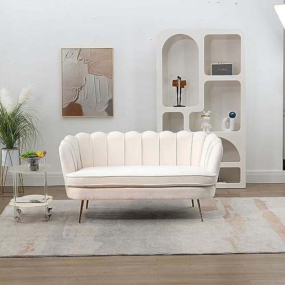 Ivory Boucle 2-Seater Loveseat Sofa with Gold Metal Legs Z494