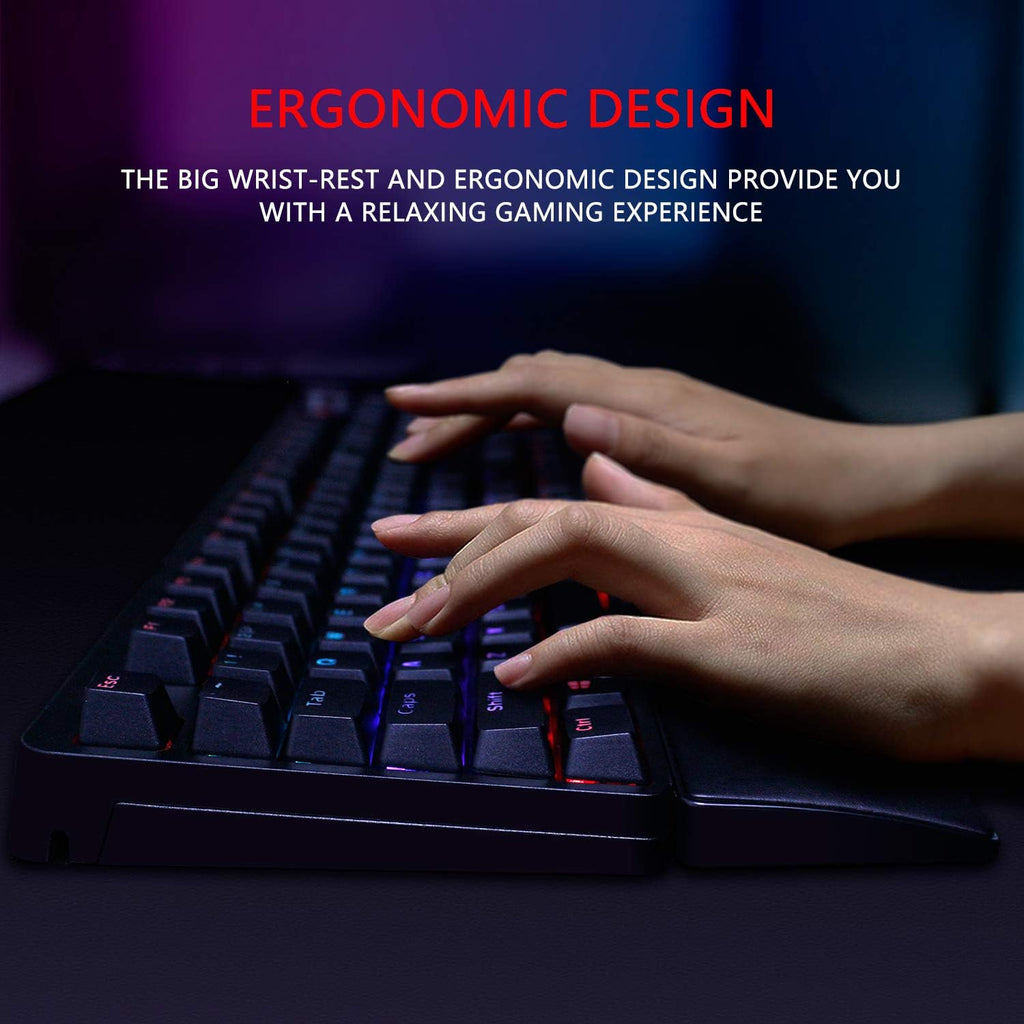 RedThunder K55 Mechanical Gaming Keyboard, Quiet Red Switch, Chroma RGB Lighting, Soft Leather Wrist-Rest, Standard Full Size Wired Keyboard with Dedicated Media Keys & Dial for PC M584