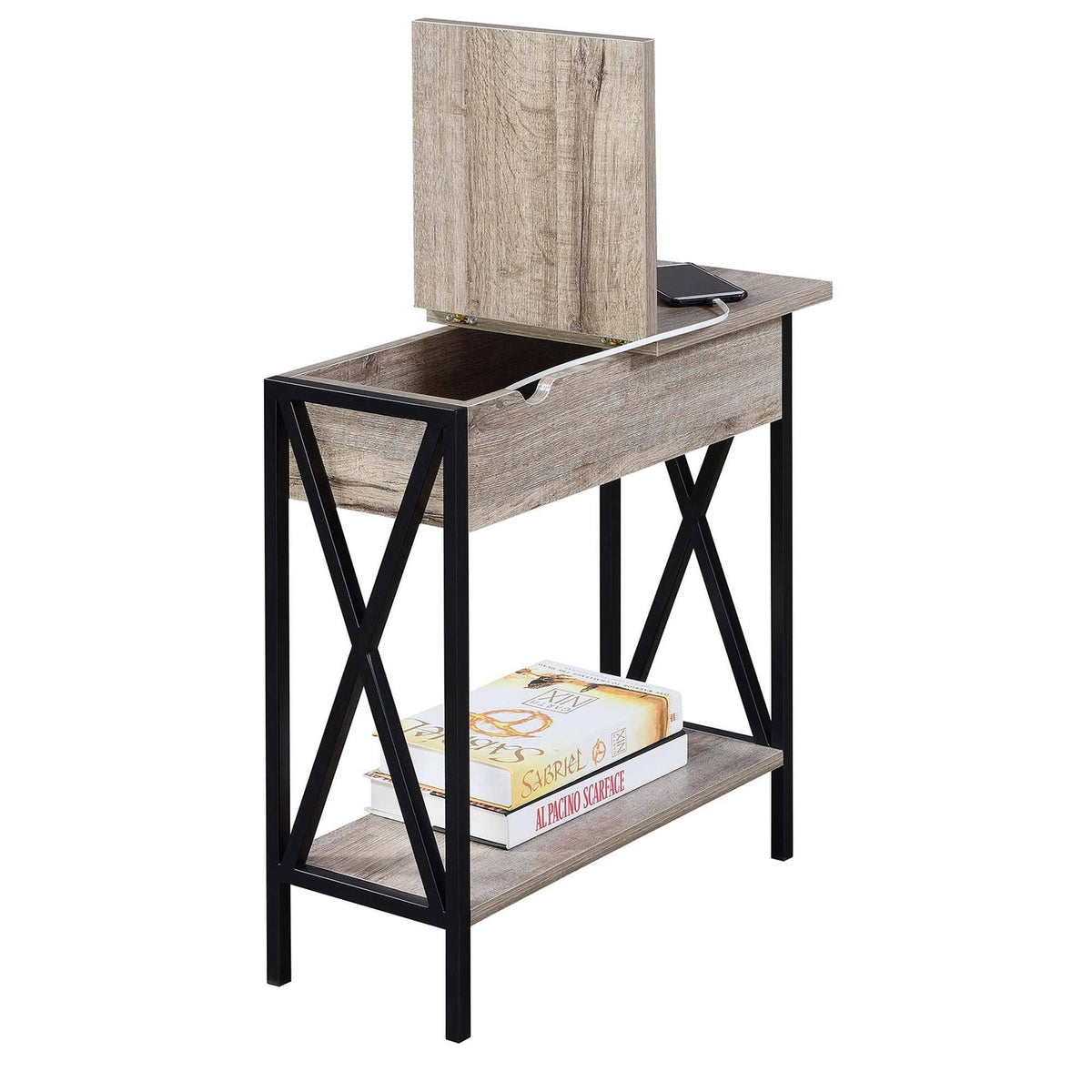 Flip Top End Table with Charging Station Sandstone/Black W319