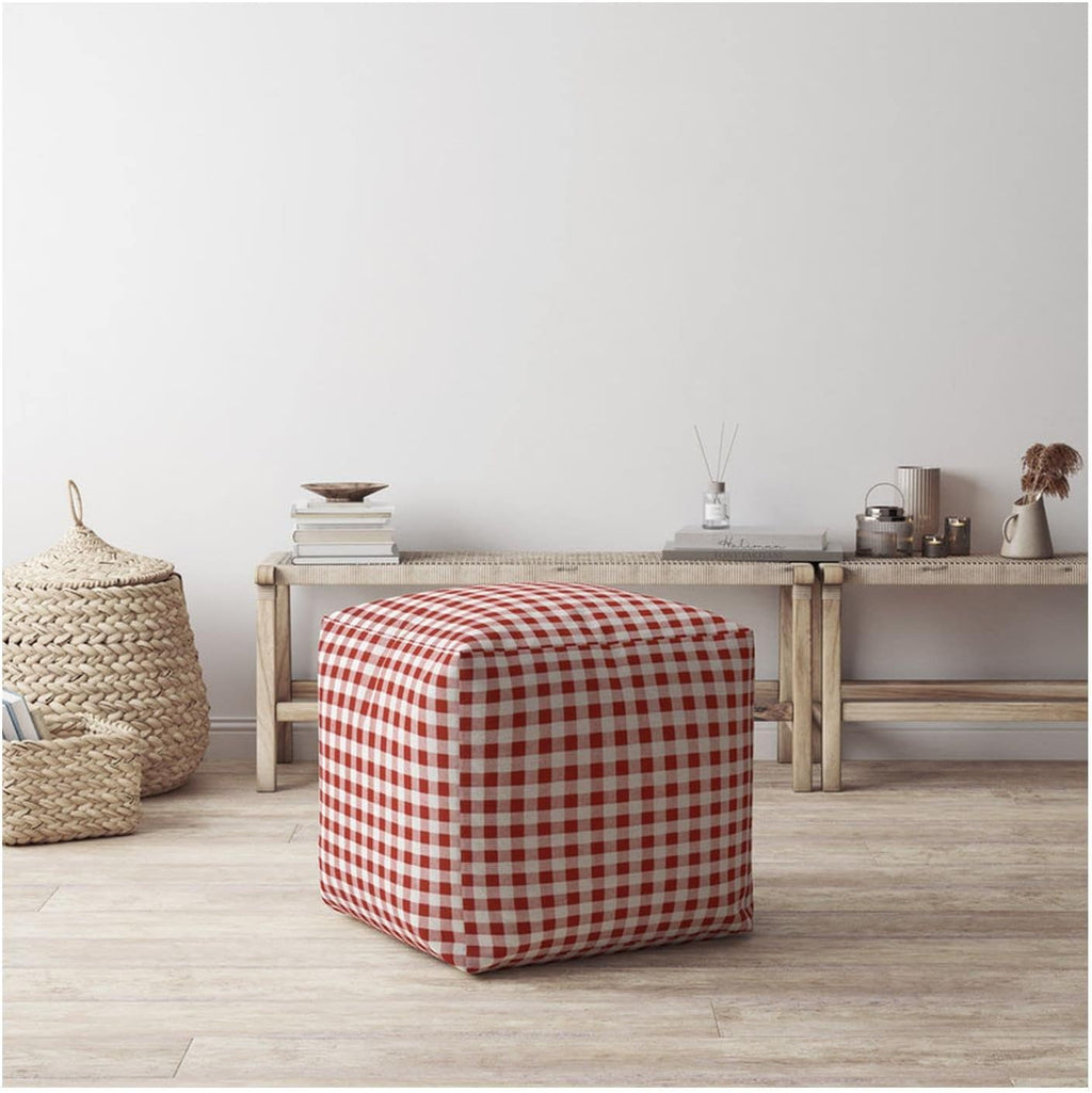 Red and White Cotton Gingham Pouf Ottoman K5502