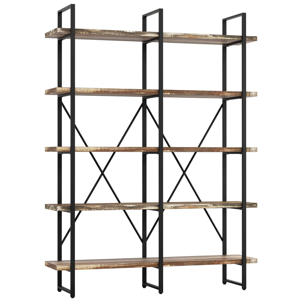 Double Wide 5-Tier Open Bookcase Wood and Metal Shelves E82338