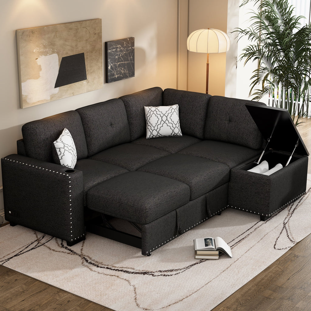 Black Reversible Pull-Out Sectional Sofa Bed with Storage Chaise I267