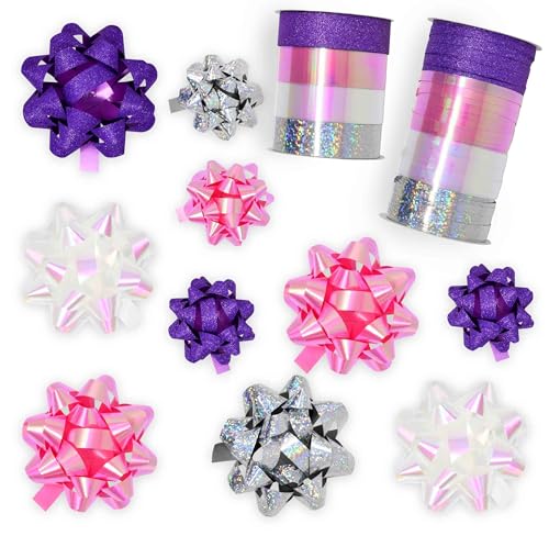 32 Pcs Multi Colored Gift Bows Assortment Set with 8 Curling Ribbon Rolls A288