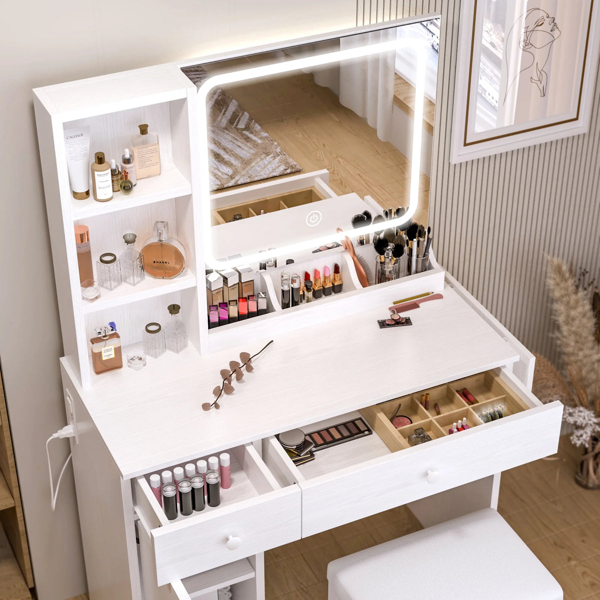 White Vanity Desk with Lighted Mirror and Storage Stool T93723