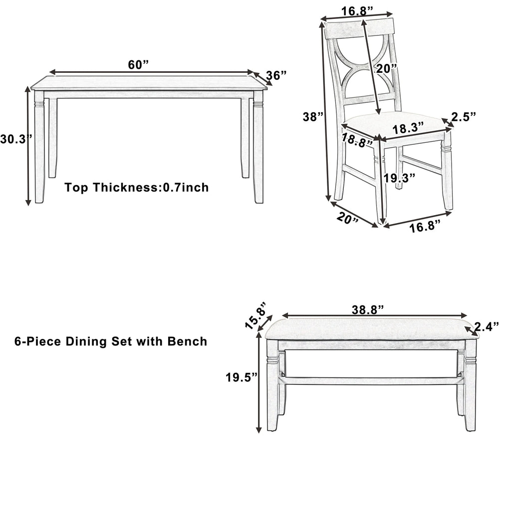 6 Piece Dining Table Set with 4 Chairs and Upholstered Bench A7041