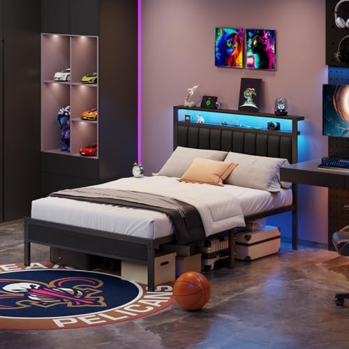 Full Size Bed Frame with Charging Station and LED Lights L186603