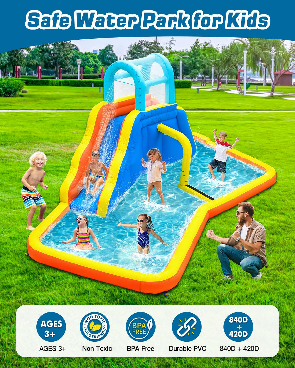 Inflatable Water Slide Park with Spray Pool, Bounce House with Climbing Wall and Blower A566956