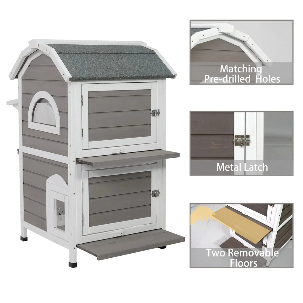 Weatherproof Two Story Wooden Outdoor Cat House I9232
