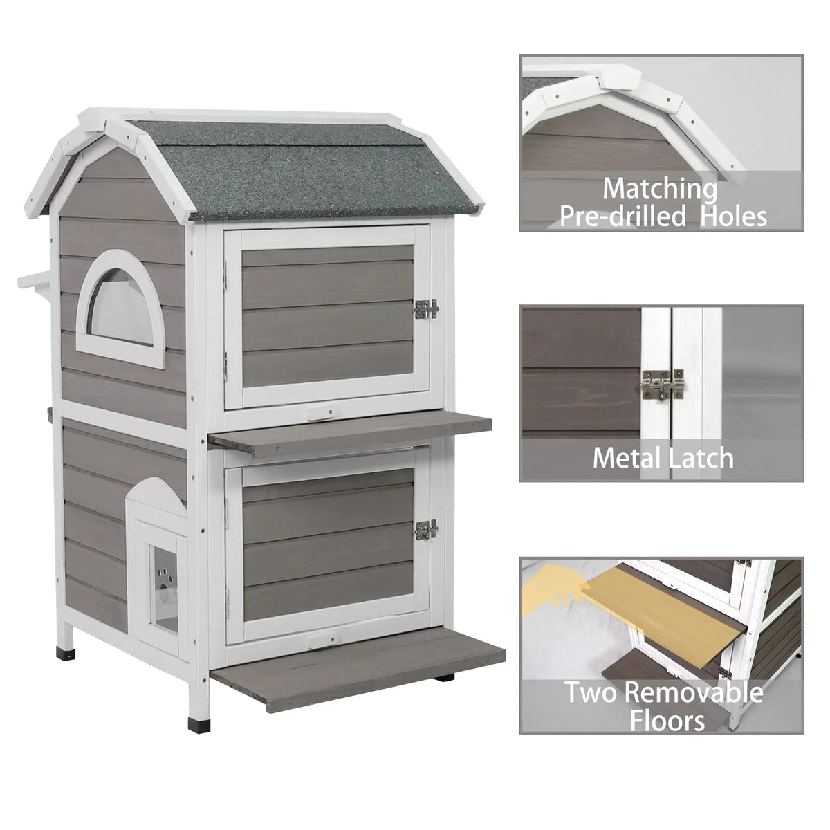 Weatherproof Two Story Wooden Outdoor Cat House I9232