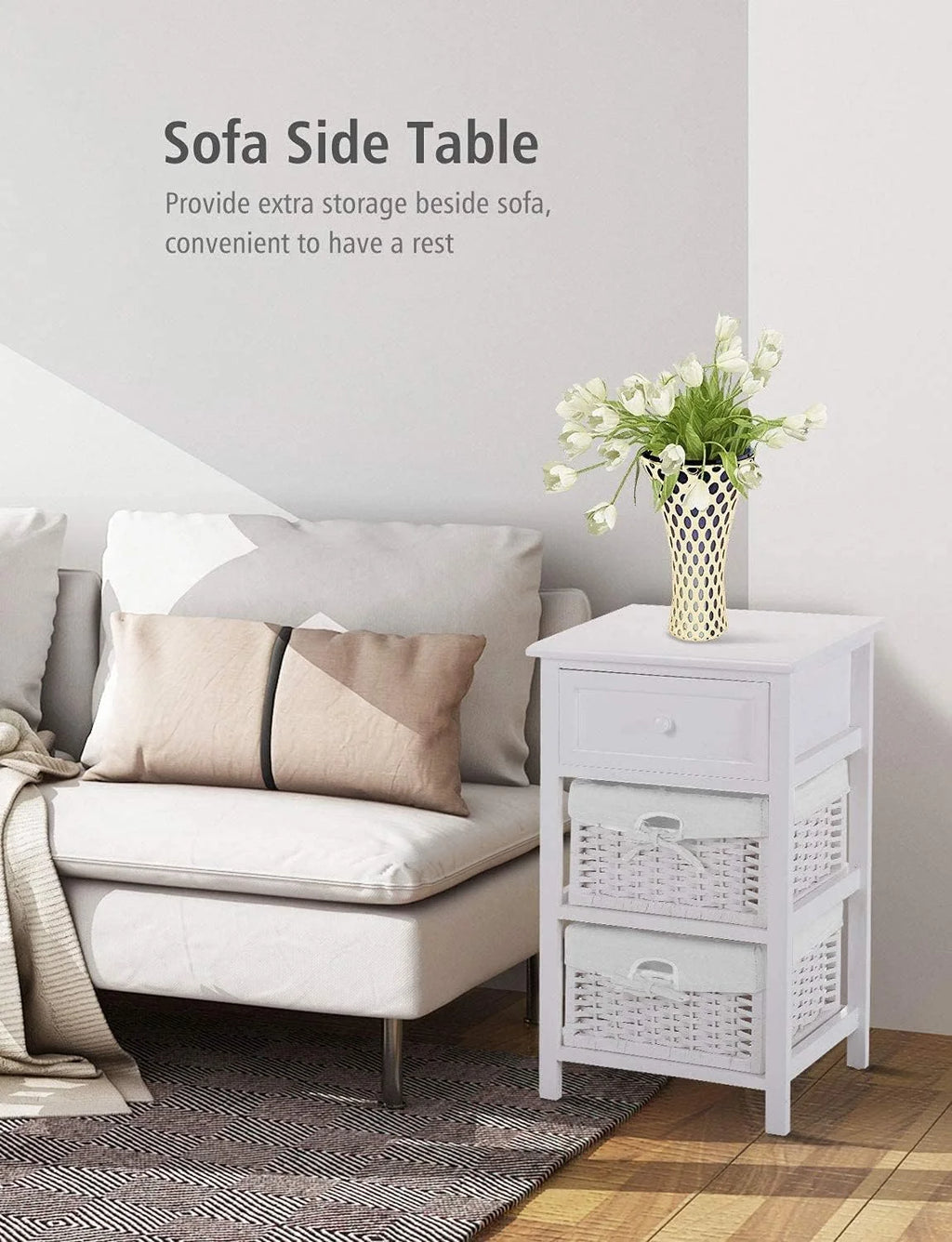 White 3 Tiers Nightstand with One Drawer 2 Baskets H4675