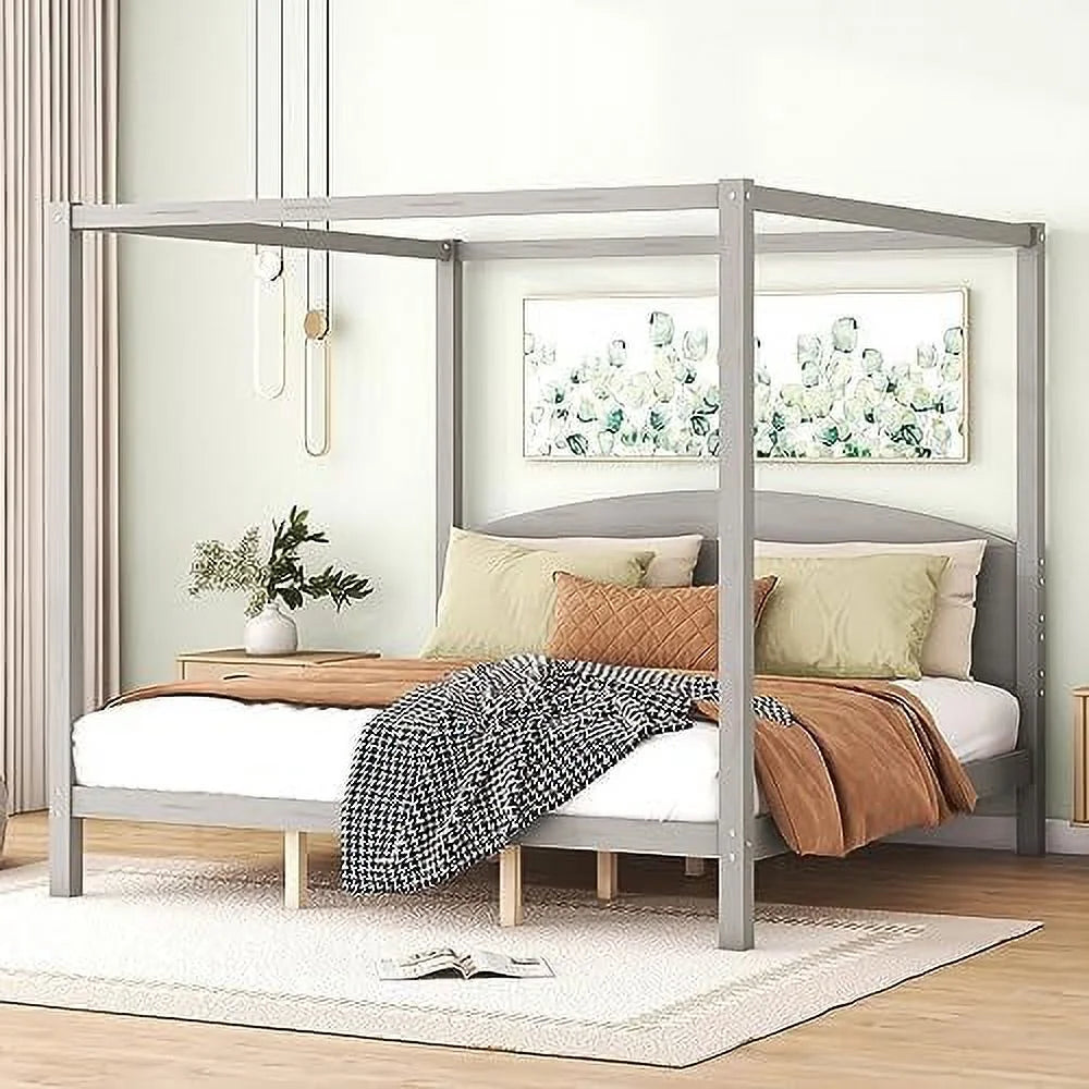 White Queen Size 4-Poster Wood Canopy Bed Frame with Headboard B814245