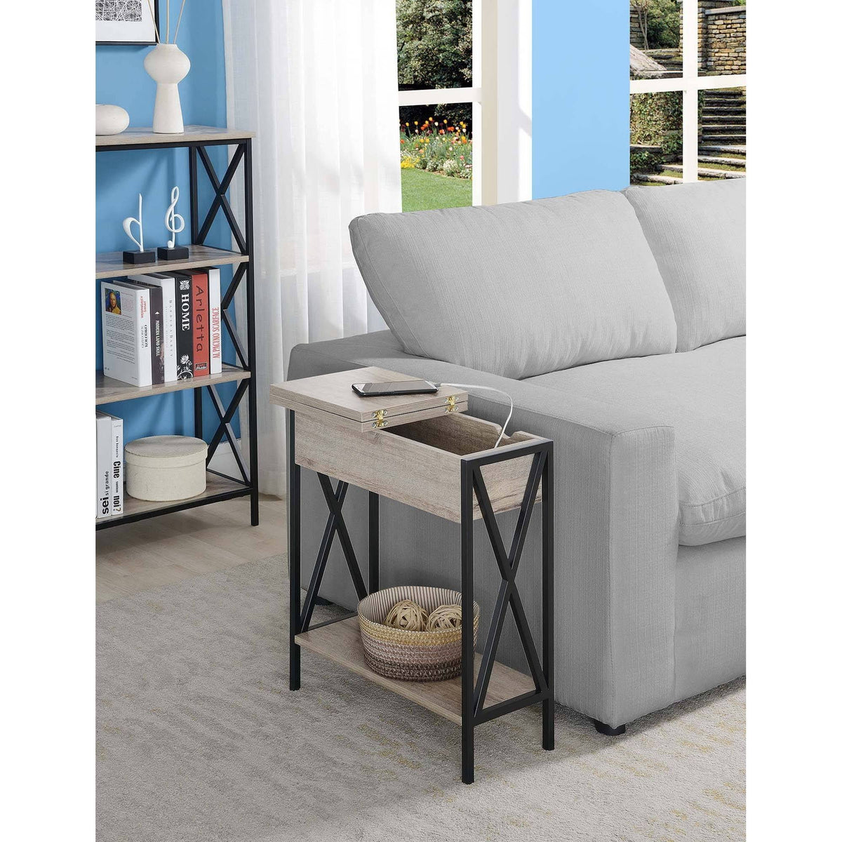 Flip Top End Table with Charging Station Sandstone/Black W319