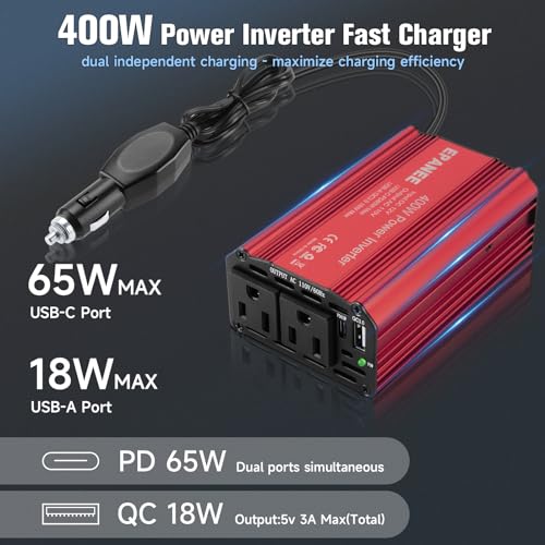 400W Power Inverter 12V DC to 110V AC with PD 65W USB-C & QC 18W Port Z196