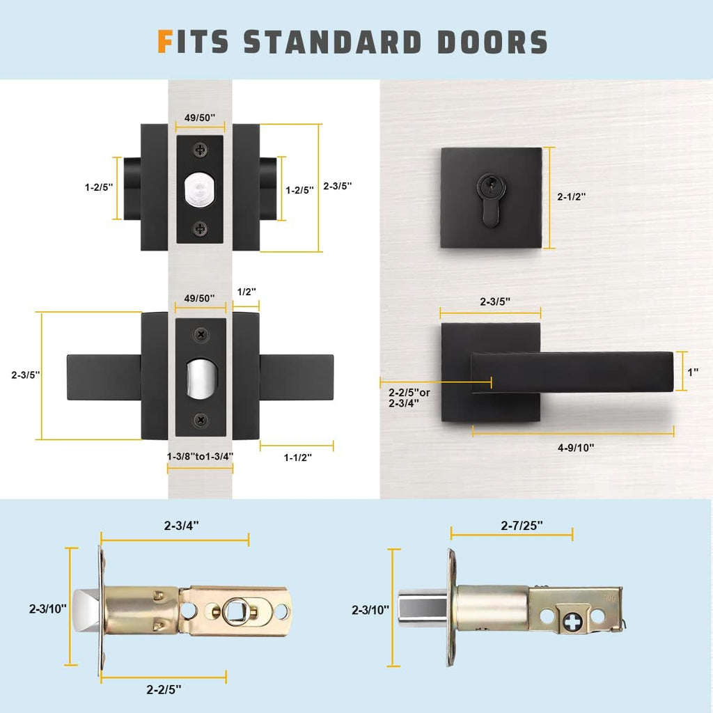 6 Pack Square Matte Black Door Handle Set with Double Keyed Deadbolt K73287