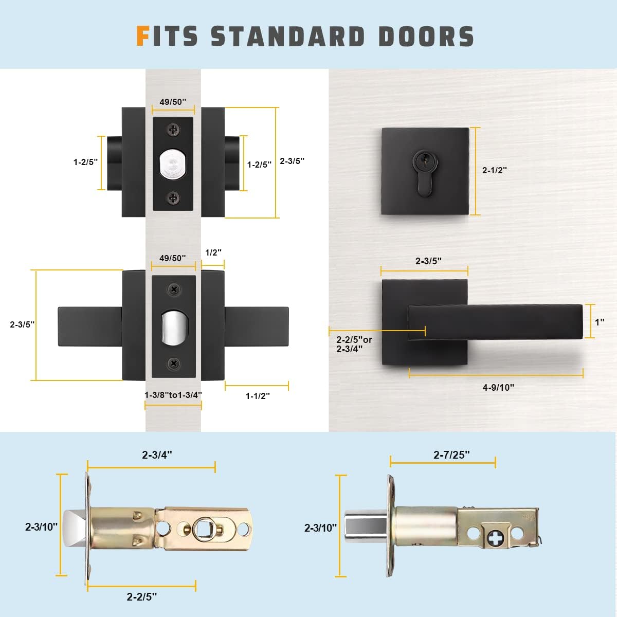 6 Pack Square Matte Black Door Handle Set with Double Keyed Deadbolt K73287