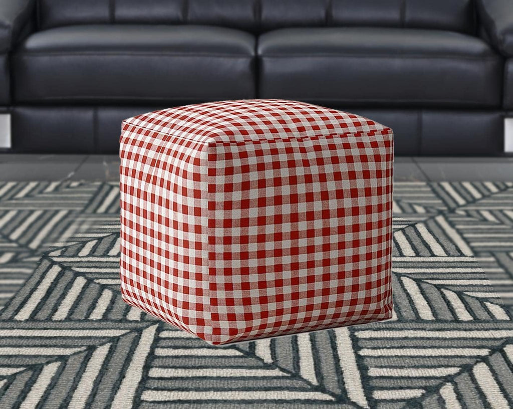Red and White Cotton Gingham Pouf Ottoman K5502