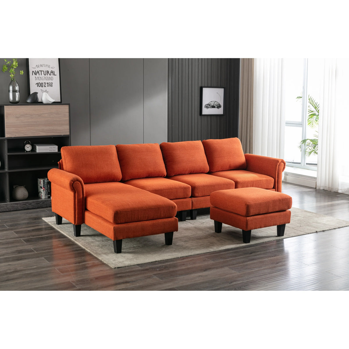 Charcoal Grey Linen U-shape Sofa Set with Reversible Ottomans T375957