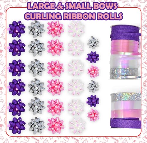 32 Pcs Multi Colored Gift Bows Assortment Set with 8 Curling Ribbon Rolls A288
