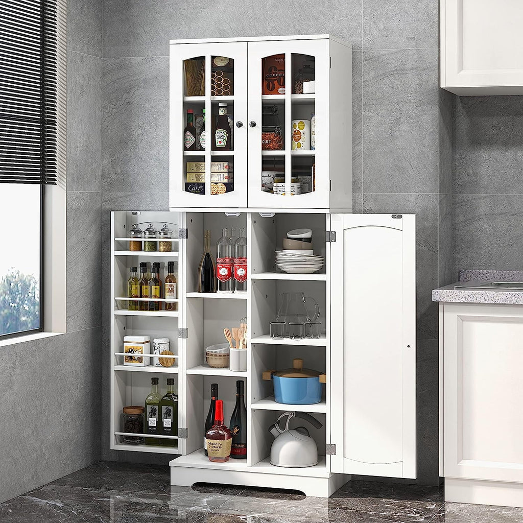 White Wood Kitchen Pantry Storage Cabinet with Doors and Shelves Y81682