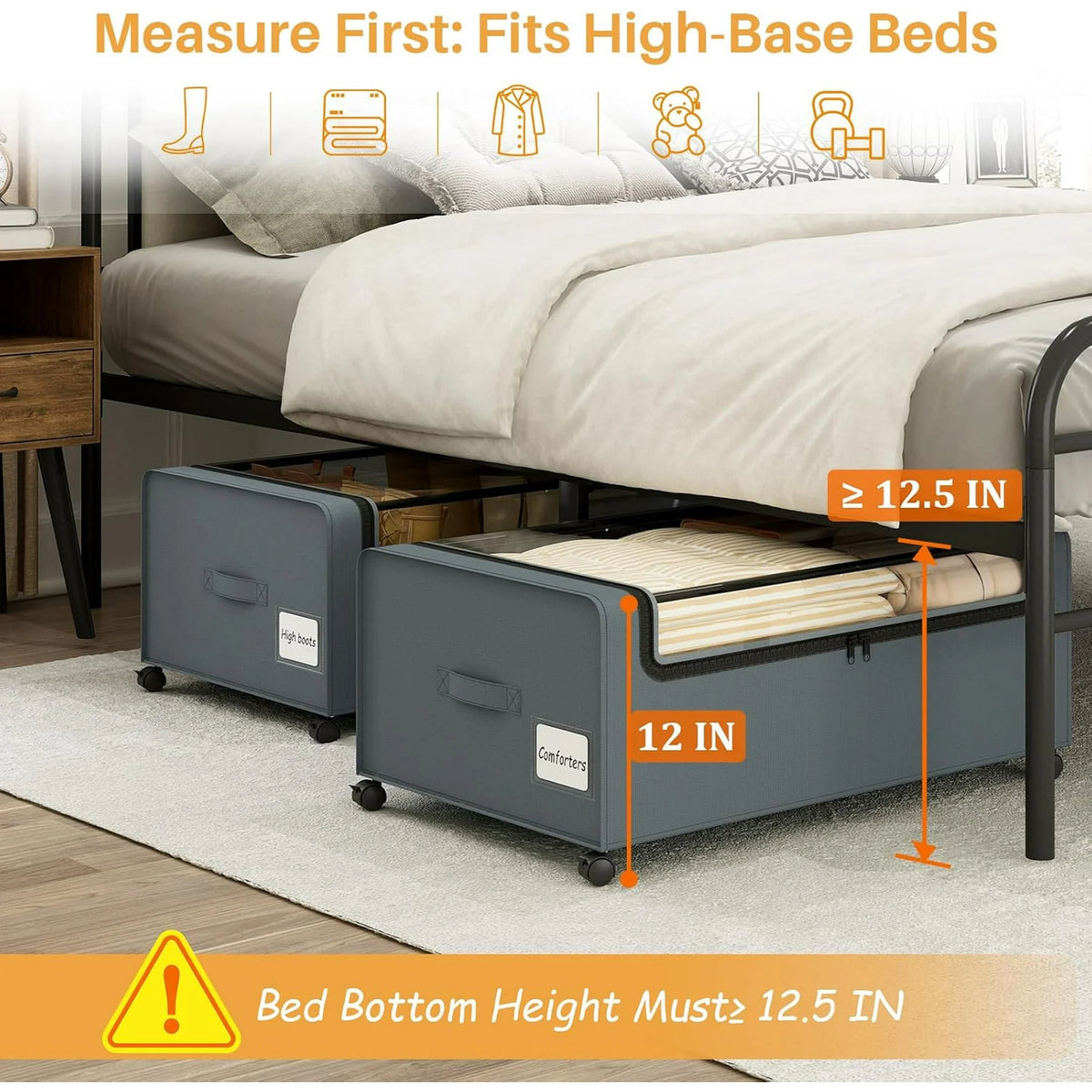 12 inch Under Bed Storage Bins with Clear Lid, Wheels, 2 Pack, Grey, 30.7x17.3x12 Y6674