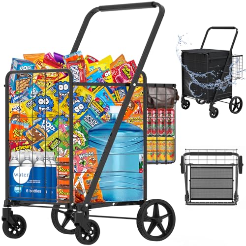 Heavy Duty Folding Shopping Cart with Double Basket, 360° Swivel Wheels, Waterproof Bag X86398