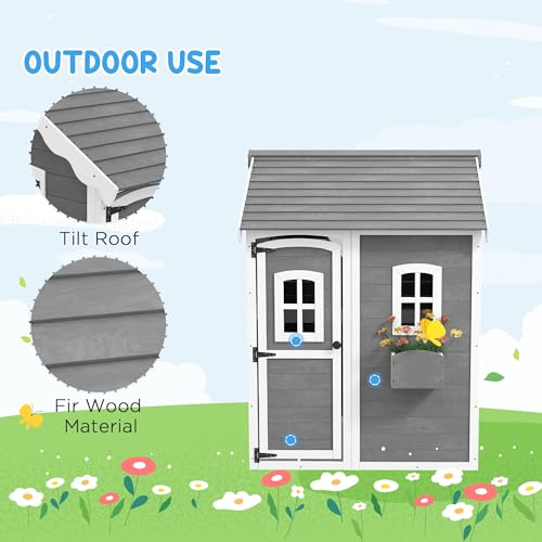 Gray Wooden Playhouse with Floor, Door, Windows & Planter Box L61736