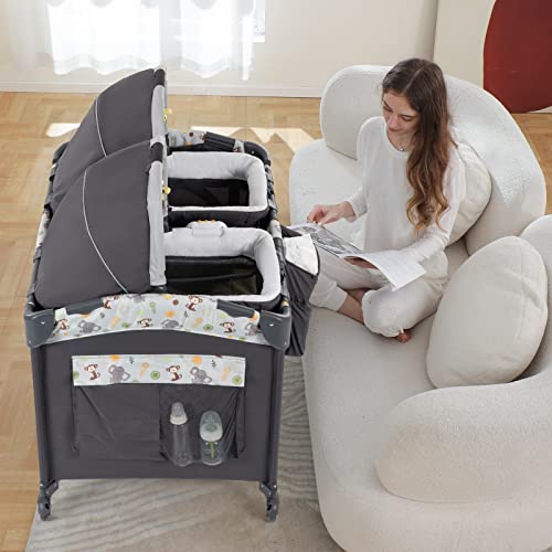 Light Gray Twin Bassinet & Playard with 2 Removable Portable Bassinets F5148