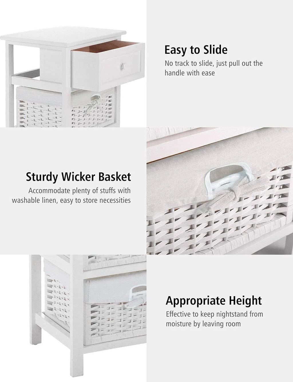 White 3 Tiers Nightstand with One Drawer 2 Baskets H4675