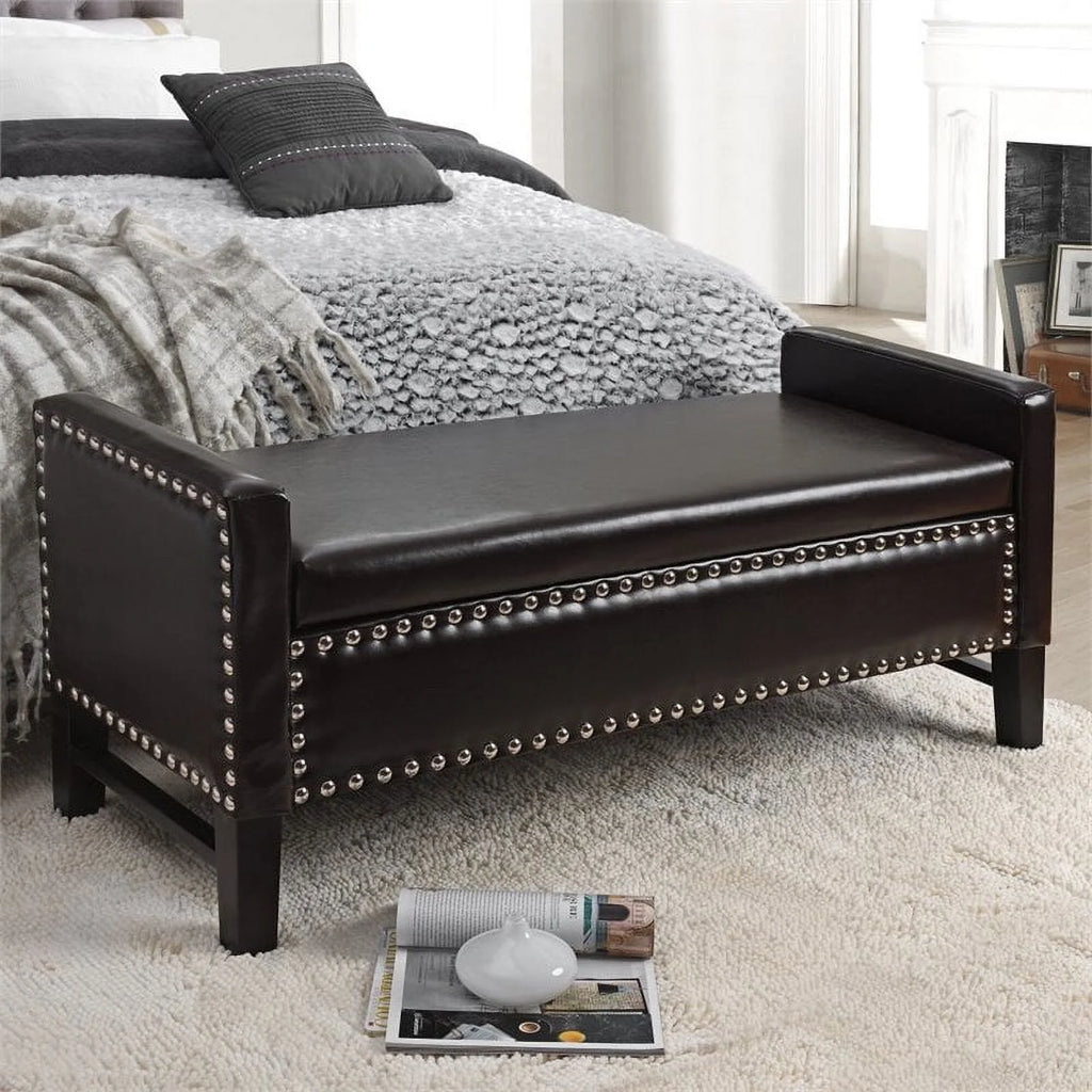 Espresso Faux Leather Storage Bench with Nailhead Trim B1717