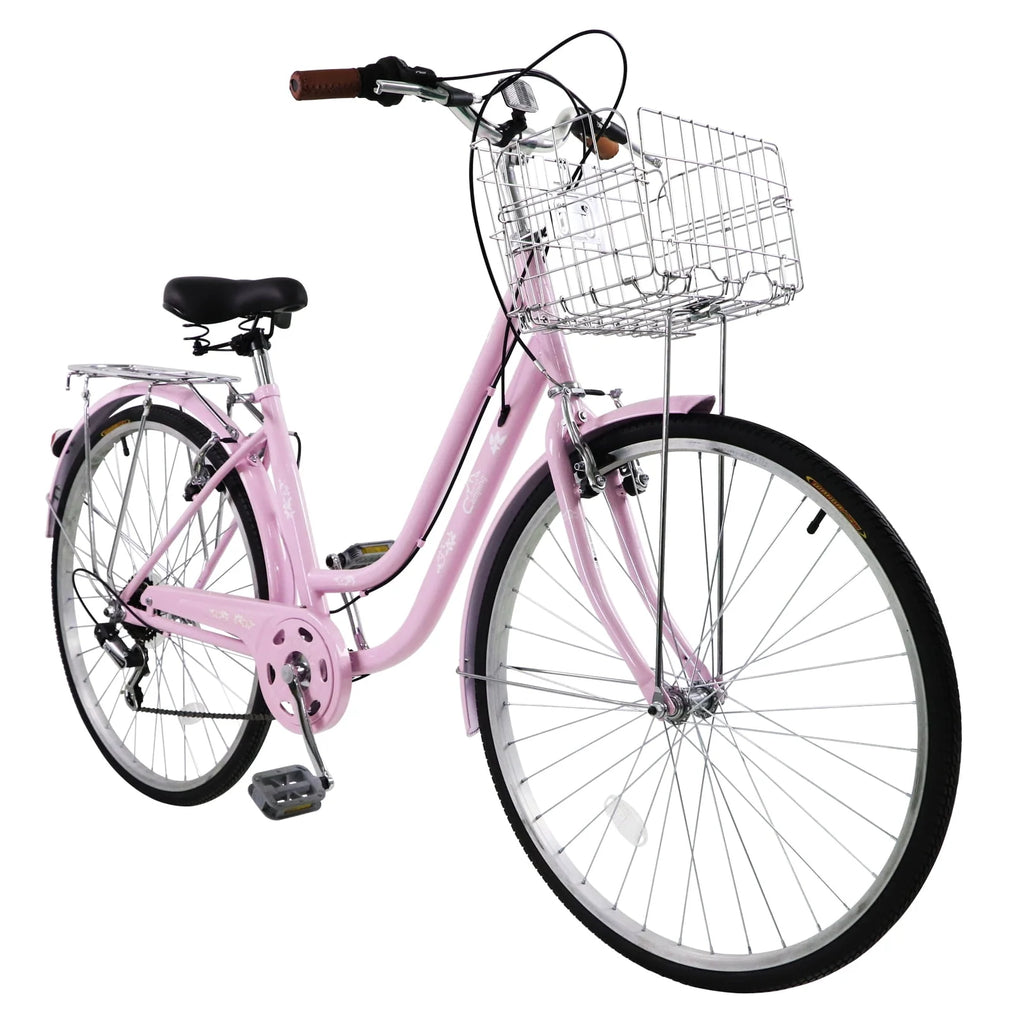 26 inch Commuter Bicycle with 7-speed, Baskets, Pink E374