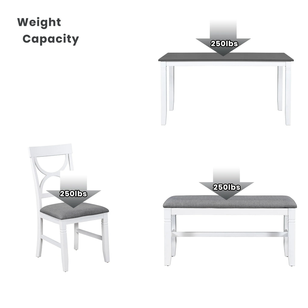 6 Piece Dining Table Set with 4 Chairs and Upholstered Bench A7041