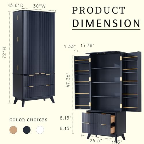 72" Dark Grey Wood Pantry Cabinet with 10 Door Shelves & 2 Drawers Q89655