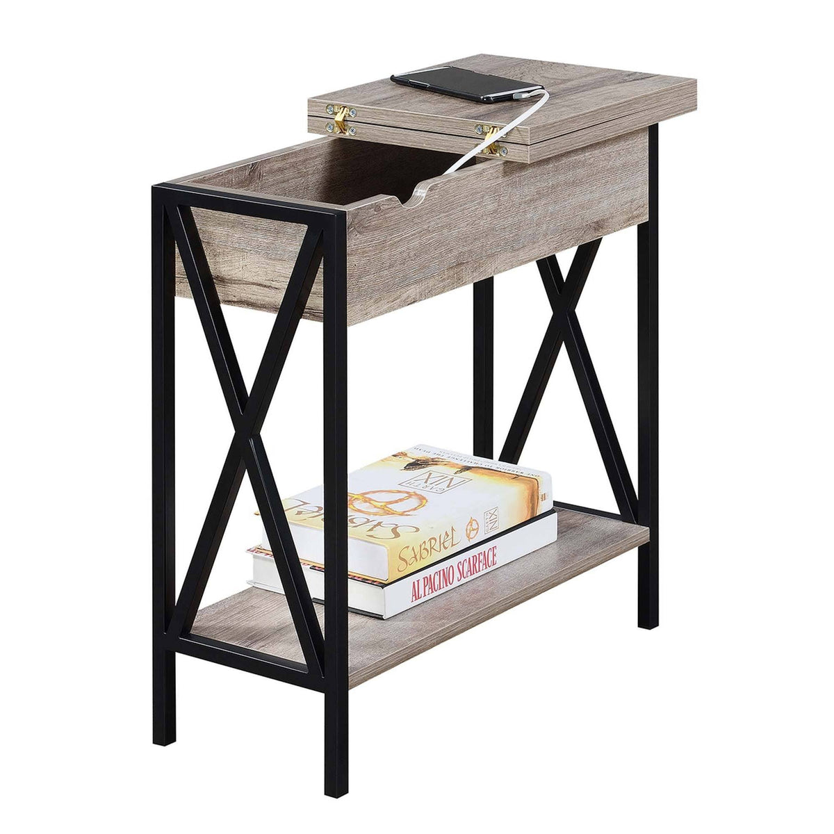 Flip Top End Table with Charging Station Sandstone/Black W319