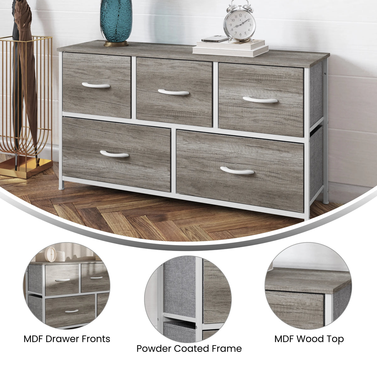 5 Drawer Storage Dresser with White Cast Iron Frame and Light Natural Wood Top E838959