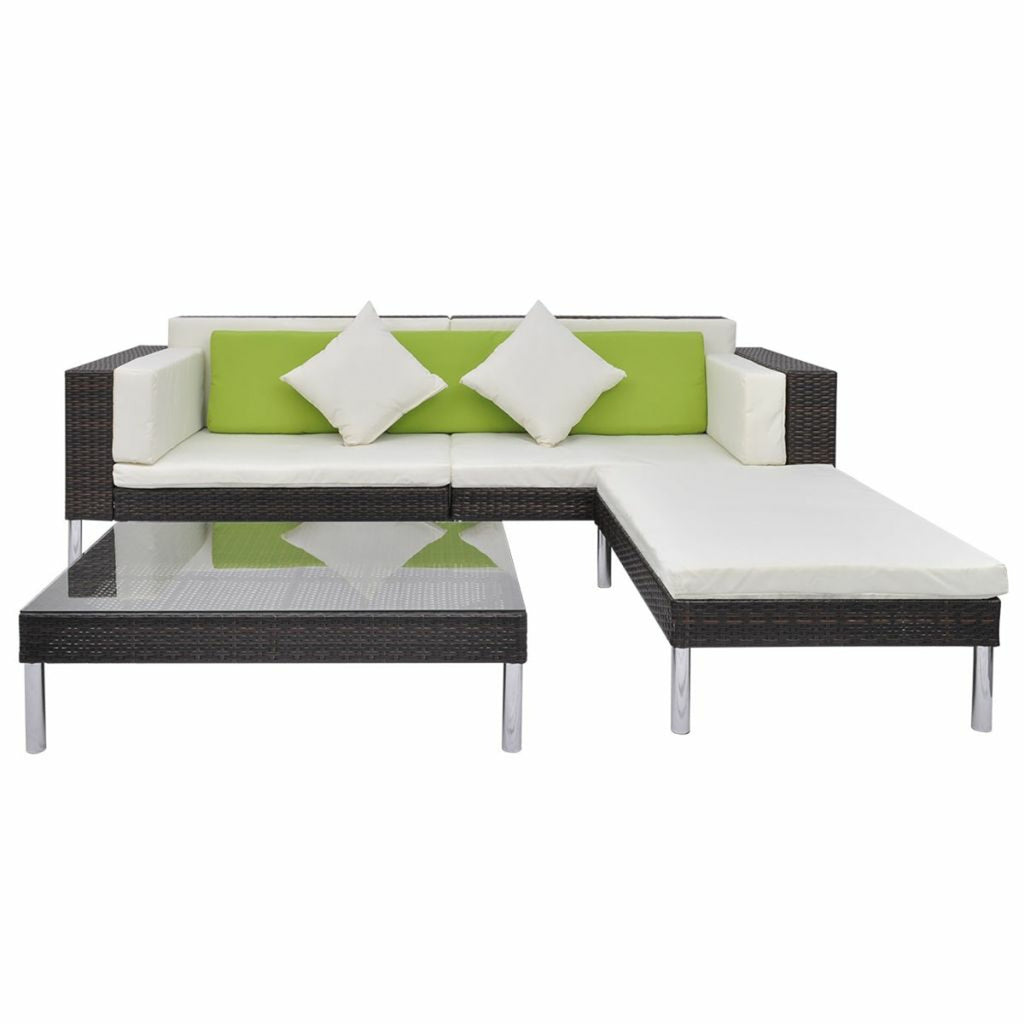 4 Piece Outdoor Conversation Set Cushioned Corner Sofa with Ottoman and Coffee Table Sectional Sofa Set Brown Poly Rattan L9792